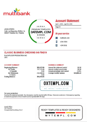 editable template, Panama Multibank proof of address bank statement template in Word and PDF format