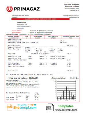 editable template, Denmark Primagaz Denmark gas utility bill template in Word and PDF format