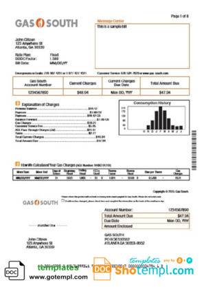 editable template, USA New York Gas South utility bill template in Word and PDF format