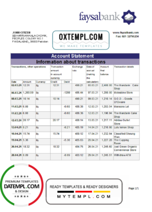 editable template, Pakistan Faysal Bank statement easy to fill template in .xls and .pdf file format