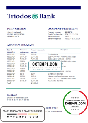 editable template, Netherlands Triodos Bank statement easy to fill template in Excel and PDF format