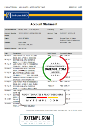 editable template, UAE Abu Dhabi Emirates NBD bank statement template in Word and PDF format, good for address prove