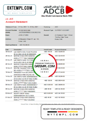 editable template, UAE Dubai ADCB bank statement template in Word and PDF format