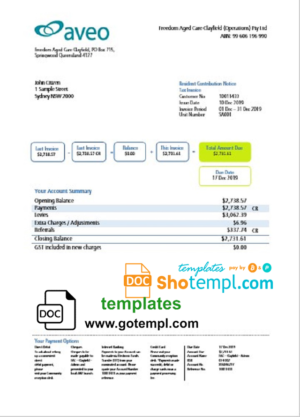 editable template, Australia Aveo bank statement template in Word and PDF format