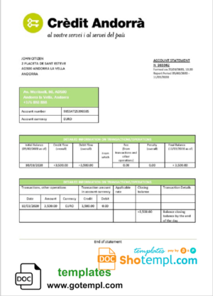 editable template, Andorra Credit Andorra bank statement template in Word and PDF format