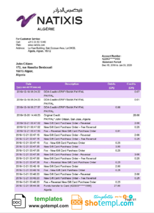 editable template, Algeria Natixis Algerie bank proof of address bank statement template in Word and PDF format