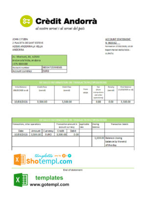 editable template, Andorra Credit Andorra bank statement template in Excel and PDF format