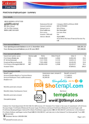 editable template, Australia Colonial First State bank statement template, Word and PDF format (.doc and .pdf)