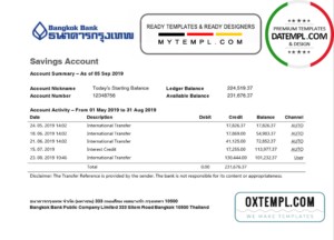 editable template, Thailand Bangkok Bank Savings Account statement template in Word and PDF format
