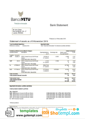 editable template, Angola Banco Yetu bank statement easy to fill template in Word and PDF format