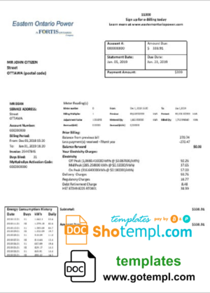 editable template, Canada Eastern Ontario Power utility bill template in Word and PDF format