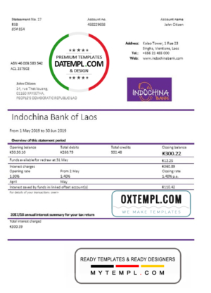 editable template, Laos Indochina Bank statement template in Word and PDF format