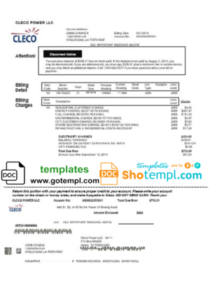 editable template, USA Louisiana Cleco Power electricity utility bill template in Word and PDF format