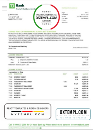 editable template, USA TD bank statement template, Word and PDF format (.doc and .pdf)