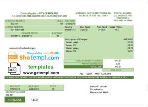 editable template, USA Michigan water utility bill template in Word and PDF (.doc and .pdf) format