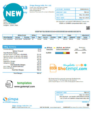 editable template, India Simpa Energy India Pvt. Ltd utility bill template in Word and PDF format