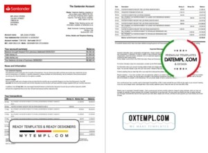 editable template, United Kingdom Santander bank statement template in Excel and PDF format (2 pages)