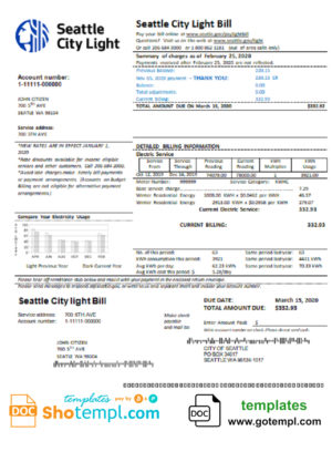 editable template, USA Washington Seattle City Light utility bill template in Word and PDF format