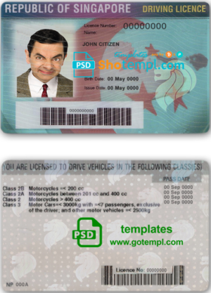 editable template, Singapore driving license template in PSD format, fully editable, with all fonts