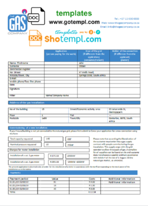 editable template, South Africa The GAS Company gas utility bill template in Word and PDF format
