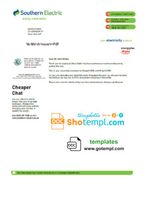 editable template, United Kingdom Southern Electric proof of address utility bill template in Word and PDF format