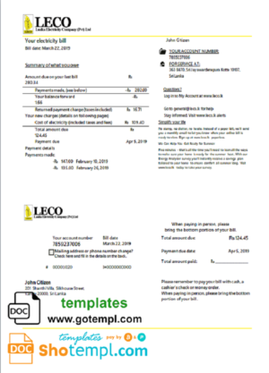 editable template, Sri Lanka LECO Company electricity utility bill template in Word and PDF format