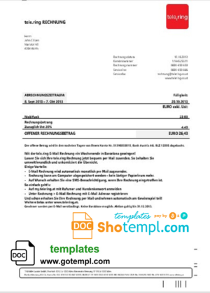 editable template, Sweden Tele Ring utility bill template in Word and PDF format
