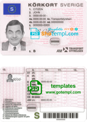editable template, Sweden driving license template in PSD format