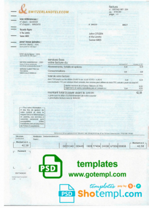 editable template, Switzerland Telecom utility bill template, fully editable in PSD format