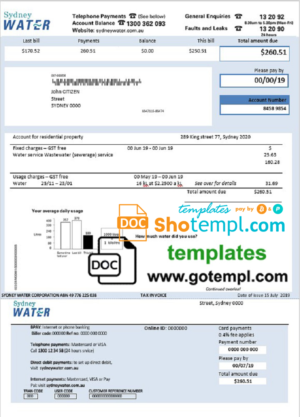 editable template, Australia Sydney water utility bill template, fully editable in Word and PDF format
