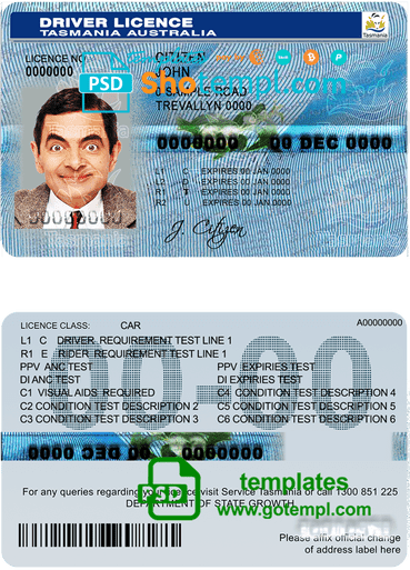 editable template, Australia Tasmania driver license template in PSD format, fully editable