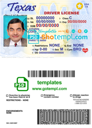 editable template, USA Texas driving license template in PSD format