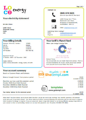 editable template, United Kingdom LoCO2 Energy utility bill template in Word and PDF format