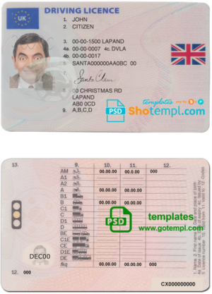 editable template, United Kingdom driving license  template in PSD Format, fully editable