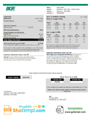 editable template, USA Maryland BGE gas and electric utility bill template in Word and PDF format