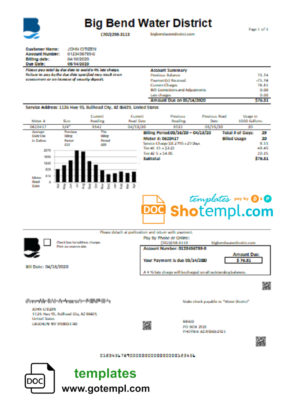 editable template, USA Nevada Big Bend Water District utility bill template in Word and PDF format