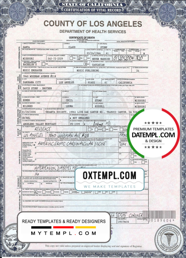 editable template, USA California Death Certificate template in PSD format