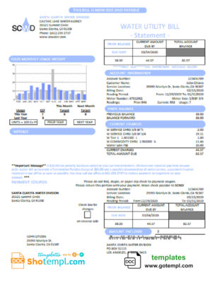 editable template, USA California Santa Clarita Water Division (SCWD) utility bill template in Word and PDF format