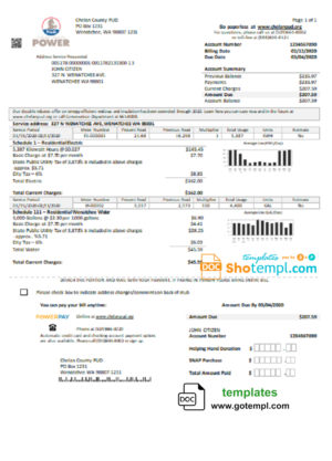 editable template, USA Washington Chelan County PUD utility bill template in Word and PDF format