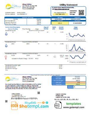 editable template, USA Georgia City of Albany water and electricity utility bill template in Word and PDF format