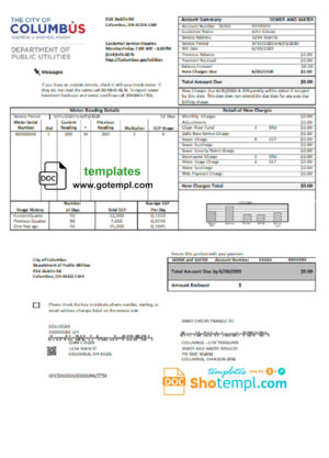 editable template, USA Ohio City of Columbus utility bill template in Word and PDF format
