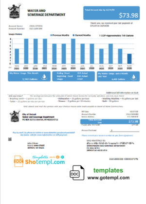 editable template, USA Ohio City of Detroit water utility bill template in Word and PDF format