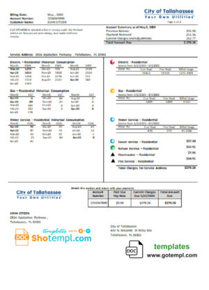 editable template, USA Florida City of Tallahassee Florida Your Own Utilities bill template in Word and PDF format