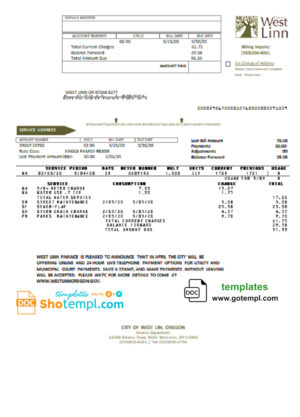 editable template, USA Oregon City of West Linn utility bill template in Word and PDF format