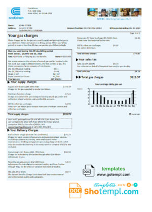 editable template, USA Con Edison gas utility bill template in Word and PDF format