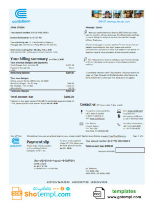 editable template, USA Con Edison electricity utility bill template in Word and PDF format