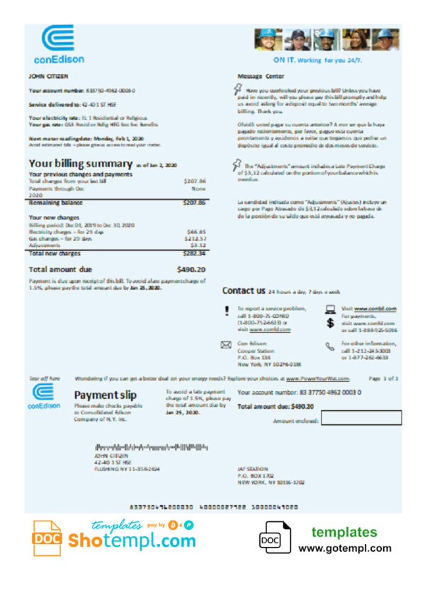 editable template, USA Con Edison electricity utility bill template in Word and PDF format