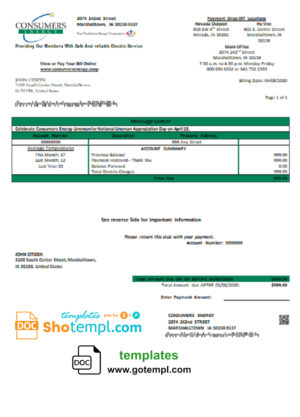 editable template, USA Iowa Consumers Energy utility bill template in Word and PDF format