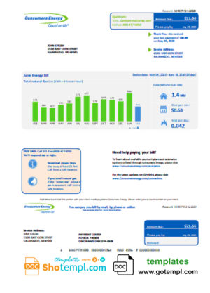 editable template, USA Michigan Consumers Energy utility bill template in Word and PDF format