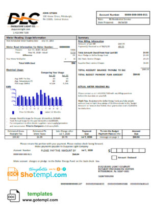 editable template, USA Pennsylvania Duquesne light utility bill template in Word and PDF format